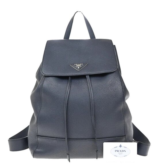 PRADA Logo Backpack Bag Vitello Daino Leather Navy Blue Silver Italy 667RF606 - Picture 1 of 15